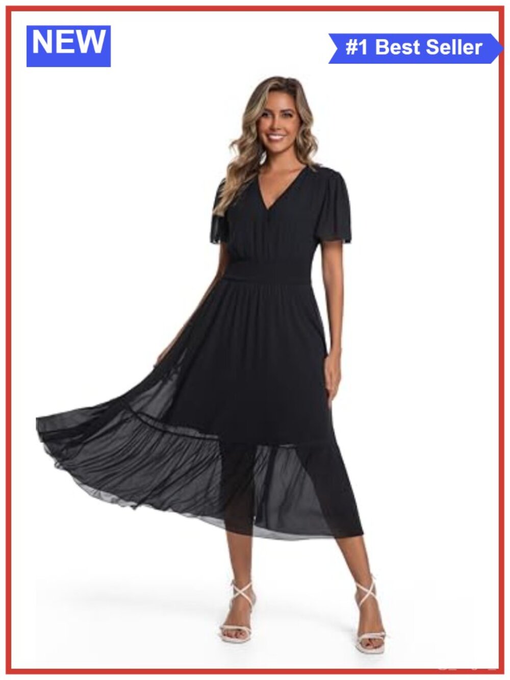 Boho V Neck Flowy Chiffon Tiered Midi Dress with Pockets